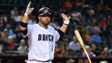 Sep 9, 2016; Phoenix, AZ, USA; Arizona Diamondbacks catcher Welington Castillo (7) reacts to a strike three call in the 12th inning of the game against the San Francisco Giants at Chase Field. The San Francisco Giants won 7-6 in extra innings. Mandatory Credit: Jennifer Stewart-USA TODAY Sports