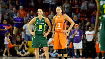 TEMPE, AZ - SEPTEMBER 6: Sue Bird #10 of the Seattle Storm and Diana Taurasi #3 of the Phoenix Mercury look on in Round One of the 2017 WNBA Playoffs on September 6, 2017 at Arizona State University Wells Fargo Arena in Tempe, Arizona. NOTE TO USER: User expressly acknowledges and agrees that, by downloading and or using this Photograph, user is consenting to the terms and conditions of the Getty Images License Agreement. Mandatory Copyright Notice: Copyright 2017 NBAE (Photo by Barry Gossage/NBAE via Getty Images)
