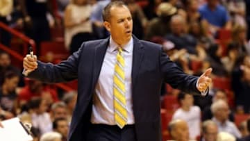 Jan 4, 2016; Miami, FL, USA; Indiana Pacers head coach Frank Vogel reacts during the second half game the Miami Heat at American Airlines Arena. The Heat won 103-100. Mandatory Credit: Steve Mitchell-USA TODAY Sports