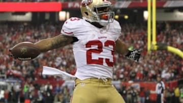 Jan 20, 2013; Atlanta, GA, USA; San Francisco 49ers running back LaMichael James (23) celebrates his touchdown run against the Atlanta Falcons during the second quarter in the NFC Championship game at the Georgia Dome. Mandatory Credit: Daniel Shirey-USA TODAY Sports