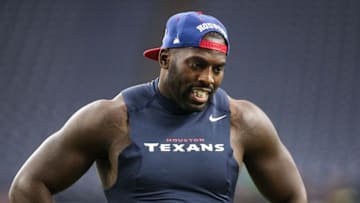 Nov 29, 2015; Houston, TX, USA; Houston Texans outside linebacker Whitney Mercilus (59) warms up before a game against the New Orleans Saints at NRG Stadium. Mandatory Credit: Troy Taormina-USA TODAY Sports