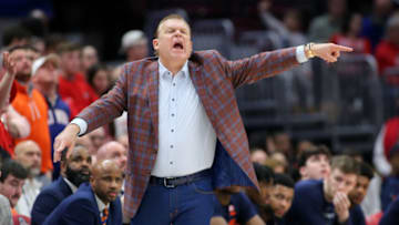 Feb 26, 2023; Columbus, Ohio, USA; Illinois Fighting Illini head coach Brad Underwood coaches during the second half against the Ohio State Buckeyes at Value City Arena. Mandatory Credit: Joseph Maiorana-USA TODAY Sports