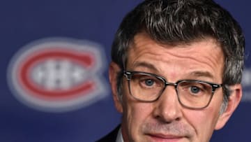 MONTREAL, QC - JANUARY 07: General manager of the Montreal Canadiens Marc Bergevin addresses the media prior to the NHL game at the Bell Centre on January 7, 2018 in Montreal, Quebec, Canada. The Montreal Canadiens defeated the Vancouver Canucks 5-2. (Photo by Minas Panagiotakis/Getty Images)