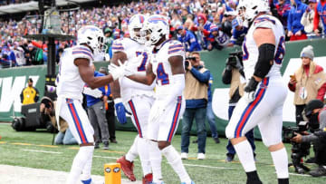 Stefon Diggs #14 of the Buffalo Bills celebrates his touchdown with Emmanuel Sanders #1 in the second quarter against the New York Jets. (Photo by Elsa/Getty Images)