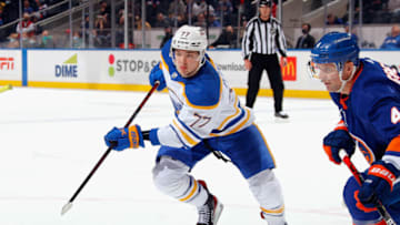 ELMONT, NEW YORK - DECEMBER 30: JJ Peterka #77 of the Buffalo Sabres skates against the New York Islanders at the UBS Arena on December 30, 2021 in Elmont, New York. (Photo by Bruce Bennett/Getty Images)