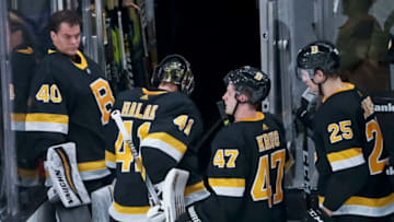 BOSTON - JANUARY 4: Boston Bruins goaltender Tuukka Rask (40) makes room for teammate goaltender Jaroslav Halak (41) to walk off the ice after a 4-1 loss to the Edmonton Oilers. The Boston Bruins host the Edmonton Oilers in a regular season NHL hockey game at TD Garden in Boston on Jan. 4, 2020. (Photo by Matthew J. Lee/The Boston Globe via Getty Images)
