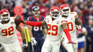Jan 9, 2016; Houston, TX, USA; Kansas City Chiefs free safety Eric Berry (29) reacts after intercepting a pass against the Houston Texans during the first quarter in a AFC Wild Card playoff football game at NRG Stadium. Mandatory Credit: Troy Taormina-USA TODAY Sports