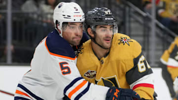 Edmonton Oilers defenseman Cody Ceci (5) covers Vegas Golden Knights left wing Max Pacioretty (67) Mandatory Credit: Stephen R. Sylvanie-USA TODAY Sports