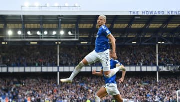 Everton's Brazilian striker Richarlison celebrates after shooting a penalty kick and scoring a goal during the English Premier League football match between Everton and Brentford at Goodison Park in Liverpool, north west England on May 15, 2022. - RESTRICTED TO EDITORIAL USE. No use with unauthorized audio, video, data, fixture lists, club/league logos or 'live' services. Online in-match use limited to 120 images. An additional 40 images may be used in extra time. No video emulation. Social media in-match use limited to 120 images. An additional 40 images may be used in extra time. No use in betting publications, games or single club/league/player publications. (Photo by Paul ELLIS / AFP) / RESTRICTED TO EDITORIAL USE. No use with unauthorized audio, video, data, fixture lists, club/league logos or 'live' services. Online in-match use limited to 120 images. An additional 40 images may be used in extra time. No video emulation. Social media in-match use limited to 120 images. An additional 40 images may be used in extra time. No use in betting publications, games or single club/league/player publications. / RESTRICTED TO EDITORIAL USE. No use with unauthorized audio, video, data, fixture lists, club/league logos or 'live' services. Online in-match use limited to 120 images. An additional 40 images may be used in extra time. No video emulation. Social media in-match use limited to 120 images. An additional 40 images may be used in extra time. No use in betting publications, games or single club/league/player publications. (Photo by PAUL ELLIS/AFP via Getty Images)