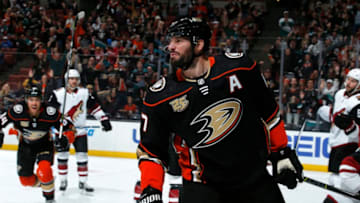 ANAHEIM, CA - OCTOBER 10: Ryan Kesler #17 and Kiefer Sherwood #64 of the Anaheim Ducks celebrate Kesler's first period goal during the game against the Arizona Coyotes on October 10, 2018 at Honda Center in Anaheim, California. (Photo by Debora Robinson/NHLI via Getty Images)