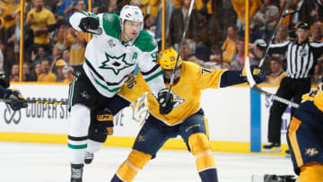 NASHVILLE, TN - MARCH 6: Jason Spezza #90 of the Dallas Stars skates against P.K. Subban #76 of the Nashville Predators during an NHL game at Bridgestone Arena on March 6, 2018 in Nashville, Tennessee. (Photo by John Russell/NHLI via Getty Images)