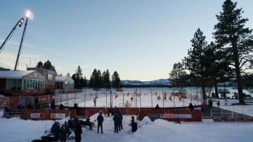 Feb 21, 2021; Stateline, Nevada, USA; A general view during the first period in a NHL Outdoors hockey game between the Philadelphia Flyers and the Boston Bruins at Lake Tahoe. Mandatory Credit: Kirby Lee-USA TODAY Sports