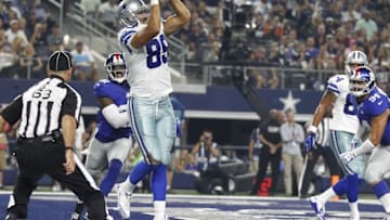 Sep 13, 2015; Arlington, TX, USA; Dallas Cowboys tight end Gavin Escobar (89) scores a touchdown in the third quarter against the New York Giants at AT&T Stadium. Mandatory Credit: Tim Heitman-USA TODAY Sports
