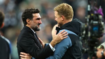 NEWCASTLE UPON TYNE, ENGLAND - MAY 22: Newcastle chairman Yasir Al-Rumayyan celebrates with Eddie Howe the manager / head coach of Newcastle United during the Premier League match between Newcastle United and Leicester City at St. James Park on May 22, 2023 in Newcastle upon Tyne, England. (Photo by Robbie Jay Barratt - AMA/Getty Images)