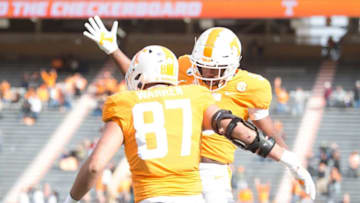 Tennessee wide receiver Josh Palmer (5) and Tennessee tight end Jacob Warren (87) celebrate a play during a game between Tennessee and Texas A&M in Neyland Stadium in Knoxville, Saturday, Dec. 19, 2020.