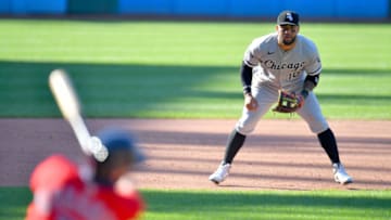 CLEVELAND, OHIO - JULY 28: Third baseman Yoan Moncada #10 of the Chicago White Sox watches as Cesar Hernandez #7 of the Cleveland Indians bats during the fifth inning of game 1 of a double header at Progressive Field on July 28, 2020 in Cleveland, Ohio. (Photo by Jason Miller/Getty Images)