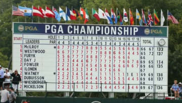 Aug 8, 2014; Louisville, KY, USA; A general view of the leader board along the 18th hole near the end of the second round of the 2014 PGA Championship golf tournament at Valhalla Golf Club. Mandatory Credit: Brian Spurlock-USA TODAY Sports