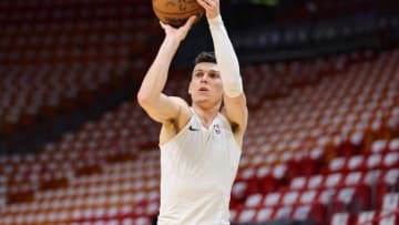 Tyler Herro #14 of the Miami Heat warms up prior to the game against the Atlanta Hawks in Game One of the Eastern Conference First Round(Photo by Michael Reaves/Getty Images)
