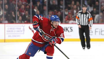 Nov 12, 2016; Montreal, Quebec, CAN; Montreal Canadiens right wing Sven Andrighetto (42) skates with the puck against Detroit Red Wings during the third period at Bell Centre. Mandatory Credit: Jean-Yves Ahern-USA TODAY Sports