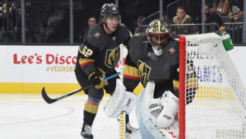 LAS VEGAS, NEVADA - SEPTEMBER 15: Malcolm Subban #30 of the Vegas Golden Knights tends goal during the second period against the Arizona Coyotes at T-Mobile Arena on September 15, 2019 in Las Vegas, Nevada. (Photo by David Becker/NHLI via Getty Images)