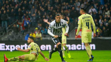 Rogelio Funes Mori of Monterrey celebrates after scoring the third goal for his team during the 4th round match between Monterrey and America as part of the Torneo Clausura 2019 Liga MX at BBVA Bancomer Stadium on January 26, 2019 in Monterrey, Mexico. (Photo by Alfredo Lopez/Jam Media/Getty Images)