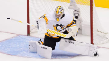 TORONTO, ONTARIO - AUGUST 05: Matt Murray #30 of the Pittsburgh Penguins defends the net against the Montreal Canadiens in Game Three of the Eastern Conference Qualification Round prior to the 2020 NHL Stanley Cup Playoffs at Scotiabank Arena on August 05, 2020 in Toronto, Ontario. (Photo by Andre Ringuette/Freestyle Photo/Getty Images)
