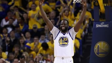 OAKLAND, CA - MAY 08: Draymond Green #23 of the Golden State Warriors reacts after the Warriors made a basket against the New Orleans Pelicans during Game Five of the Western Conference Semifinals of the 2018 NBA Playoffs at ORACLE Arena on May 8, 2018 in Oakland, California. NOTE TO USER: User expressly acknowledges and agrees that, by downloading and or using this photograph, User is consenting to the terms and conditions of the Getty Images License Agreement. (Photo by Ezra Shaw/Getty Images)