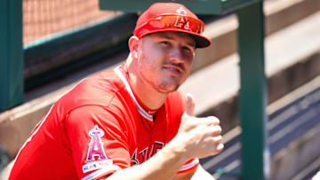 ANAHEIM, CA - JUNE 09: Mike Trout #27 of the Los Angeles Angels of Anaheim smiles during the MLB game between the Los Angeles Angels and Seattle Mariners at Angel Stadium of Anaheim on June 9, 2019 in Anaheim, California. (Photo by Masterpress/Getty Images)