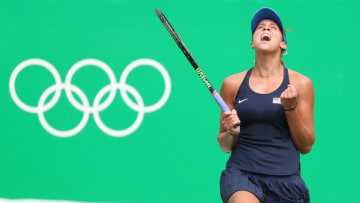 Aug 11, 2016; Rio de Janeiro, Brazil; Madison Keys (USA) celebrates match point against Daria Kasatkina (RUS) in the women