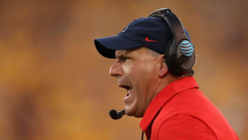 TEMPE, AZ - NOVEMBER 25: Head coache Rich Rodriguez of the Arizona Wildcats reacts on the sidelines during the second half of the college football game against the Arizona State Sun Devils at Sun Devil Stadium on November 25, 2017 in Tempe, Arizona. The Sun Devils defeated the Wildcats 42-30 (Photo by Christian Petersen/Getty Images)