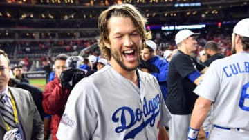 Oct 13, 2016; Washington, DC, USA; Los Angeles Dodgers pitcher Clayton Kershaw (22) reacts after game five of the 2016 NLDS playoff baseball game against the Washington Nationals at Nationals Park. The Los Angeles Dodgers won 4-3. Mandatory Credit: Brad Mills-USA TODAY Sports