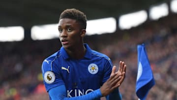 LEICESTER, ENGLAND - APRIL 01: Demarai Gray of Leicester City shows appreciation to the fans during the Premier League match between Leicester City and Stoke City at The King Power Stadium on April 1, 2017 in Leicester, England. (Photo by Michael Regan/Getty Images)