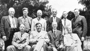 COOPERSTOWN, NY - JULY, 1939. The first inductees to the Baseball Hall of Fame pose for a group portrait in Cooperstown in July of 1939. They are: top row left to right Honus Wagner, Grover Cleveland Alexander, Tris Speaker, Nap Lajoie, George Sisler, and Walter Johnson. Front row Eddie Collins, Babe Ruth, Connie Mack, and Cy Young. (Photo by Mark Rucker/Transcendental Graphics, Getty Images)