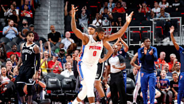 DETROIT, MI - OCTOBER 8: Andre Drummond #0 of the Detroit Pistons reacts against the Brooklyn Nets during a pre-season game on October 8, 2018 at Little Caesars Arena in Detroit, Michigan. NOTE TO USER: User expressly acknowledges and agrees that, by downloading and/or using this photograph, User is consenting to the terms and conditions of the Getty Images License Agreement. Mandatory Copyright Notice: Copyright 2018 NBAE (Photo by Brian Sevald/NBAE via Getty Images)