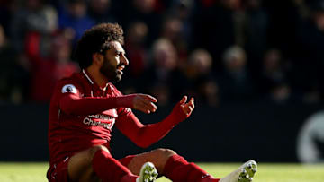 LIVERPOOL, ENGLAND - OCTOBER 27: Mohamed Salah of Liverpool reacts during the Premier League match between Liverpool FC and Cardiff City at Anfield on October 27, 2018 in Liverpool, United Kingdom. (Photo by Jan Kruger/Getty Images)