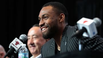 Newly signed Chicago Bulls player Jabari Parker talks with media at the United Center Wednesday, July 18, 2018 in Chicago. (Antonio Perez/ChicagoTribune/TNS via Getty Images)