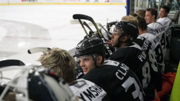 EL SEGUNDO, CA - JUNE 27: Los Angeles Kings Prospect Defensemen Kale Clague (34) looks on during the Los Angeles Kings Development Camp on June 27, 2018 at Toyota Sports Center in El Segundo, California. (Photo by Joshua Lavallee/Icon Sportswire via Getty Images)