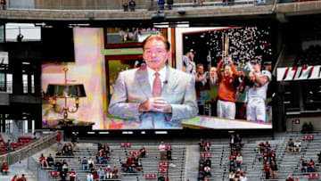 Auburn footballA prerecorded message from Alabama Head Coach Nick Saban is shown on the big screen at Bryant-Denny Stadium before the Iron Bowl. Saban missed the game because he tested positive for COVID-19.Iron30