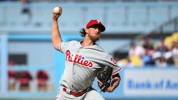 Nola dials up a four-seam fastball to set up a Dodger for his secondary pitches. Photo by Brian Rothmuller/Icon Sportswire via Getty Images.