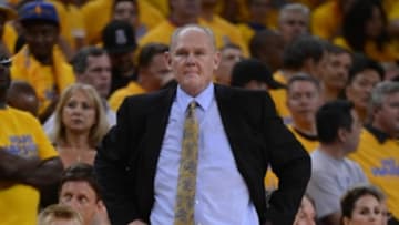 May 2, 2013; Oakland, CA, USA; Denver Nuggets head coach George Karl looks on against the Golden State Warriors during the fourth quarter of game six of the first round of the 2013 NBA Playoffs at Oracle Arena. The Warriors defeated the Nuggets 92-88. Mandatory Credit: Kyle Terada-USA TODAY Sports