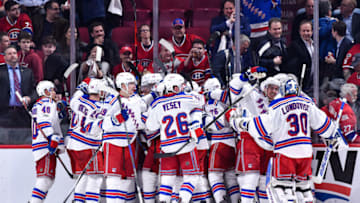 MONTREAL, QC - APRIL 20: The New York Rangers celebrate an overtime victory against the Montreal Canadiens in Game Five of the Eastern Conference First Round during the 2017 NHL Stanley Cup Playoffs at the Bell Centre on April 20, 2017 in Montreal, Quebec, Canada. (Photo by Minas Panagiotakis/Getty Images)