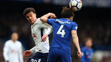 LONDON, ENGLAND - APRIL 01: Dele Alli of Tottenham Hotspur and Cesc Fabregas of Chelsea during the Premier League match between Chelsea and Tottenham Hotspur at Stamford Bridge on April 1, 2018 in London, England. (Photo by Catherine Ivill/Getty Images)