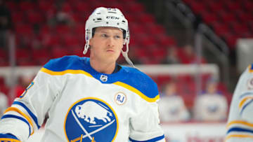 Nov 7, 2023; Raleigh, North Carolina, USA; Buffalo Sabres left wing Jeff Skinner (53) looks on against the Carolina Hurricanes before the game at PNC Arena. Mandatory Credit: James Guillory-USA TODAY Sports