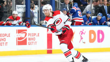 NEW YORK, NY - JANUARY 15: Dougie Hamilton #19 of the Carolina Hurricanes shoots the puck against the New York Rangers at Madison Square Garden on January 15, 2019 in New York City. The New York Rangers won 6-2. (Photo by Jared Silber/NHLI via Getty Images)