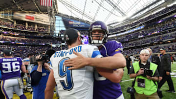 MINNEAPOLIS, MN - NOVEMBER 6: Sam Bradford #8 of the Minnesota Vikings and Matthew Stafford #9 of the Detroit Lions embrace after the game on November 6, 2016 at US Bank Stadium in Minneapolis, Minnesota. (Photo by Stacy Revere/Getty Images)