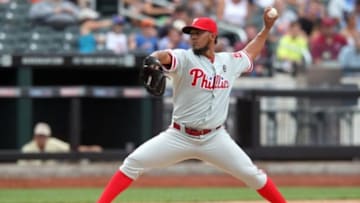 Aug 31, 2014; New York, NY, USA; Philadelphia Phillies relief pitcher Antonio Bastardo (59) pitches against the New York Mets during the seventh inning of a game at Citi Field. Mandatory Credit: Brad Penner-USA TODAY Sports