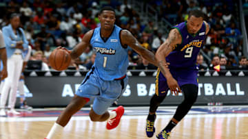 NEW ORLEANS, LOUISIANA - AUGUST 25: Joe Johnson #1 of the Triplets is guarded by Rashard Lewis #9 of the 3 Headed Monsters during the BIG3 Playoffs at Smoothie King Center on August 25, 2019 in New Orleans, Louisiana. (Photo by Sean Gardner/Getty Images)