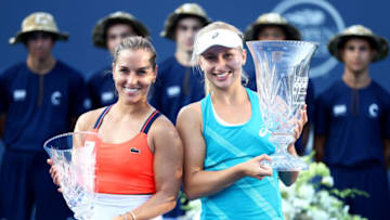 NEW HAVEN, CT - AUGUST 26: Daria Gavrilova of Australia, right, with the winners trophy, and Dominika Cibulkova, with the runners up trophy, after the final match of the Connecticut Open at Connecticut Tennis Center at Yale on August 26, 2017 in New Haven, Connecticut. (Photo by Maddie Meyer/Getty Images)