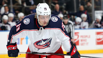 NEW YORK, NY - APRIL 05: Ryan Dzingel #19 of the Columbus Blue Jackets looks on against the New York Rangers at Madison Square Garden on April 5, 2019 in New York City. (Photo by Jared Silber/NHLI via Getty Images)
