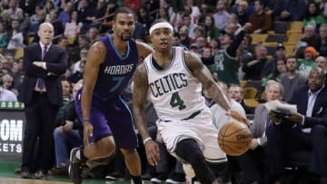 Dec 16, 2016; Boston, MA, USA; Boston Celtics guard Isaiah Thomas (4) drives the ball past Charlotte Hornets guard Ramon Sessions (7) in the second half at TD Garden. The Celtics defeated Charlotte 96-88. Mandatory Credit: David Butler II-USA TODAY Sports